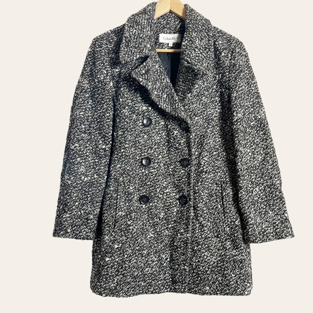 Calvin Klein Black White Boucle Tweed Knit Double Breasted Wool Blend Coat Sz 10